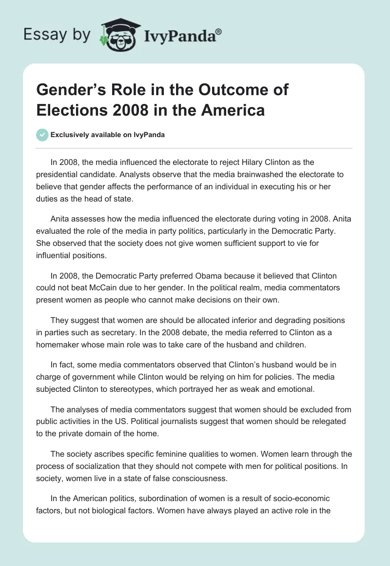 Gender’s Role in the Outcome of Elections 2008 in the America. Page 1