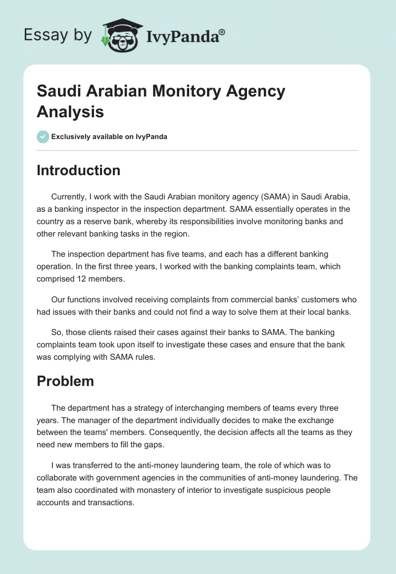 Saudi Arabian Monitory Agency Analysis. Page 1