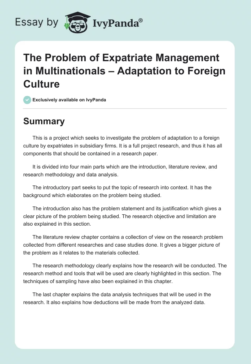 The Problem of Expatriate Management in Multinationals – Adaptation to Foreign Culture. Page 1
