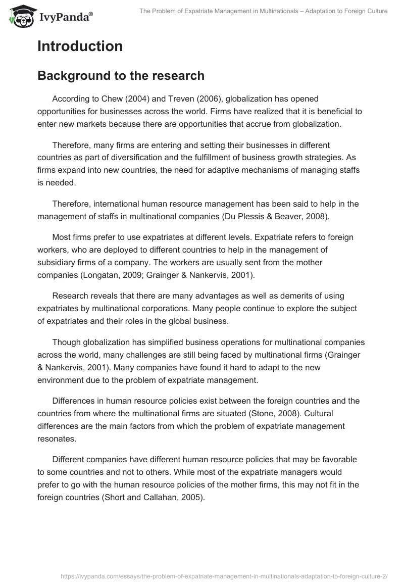 The Problem of Expatriate Management in Multinationals – Adaptation to Foreign Culture. Page 2