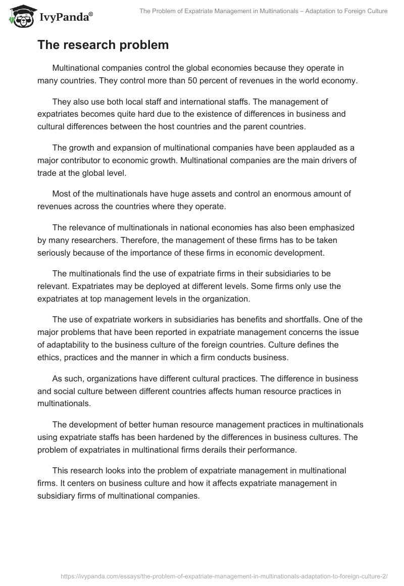 The Problem of Expatriate Management in Multinationals – Adaptation to Foreign Culture. Page 3