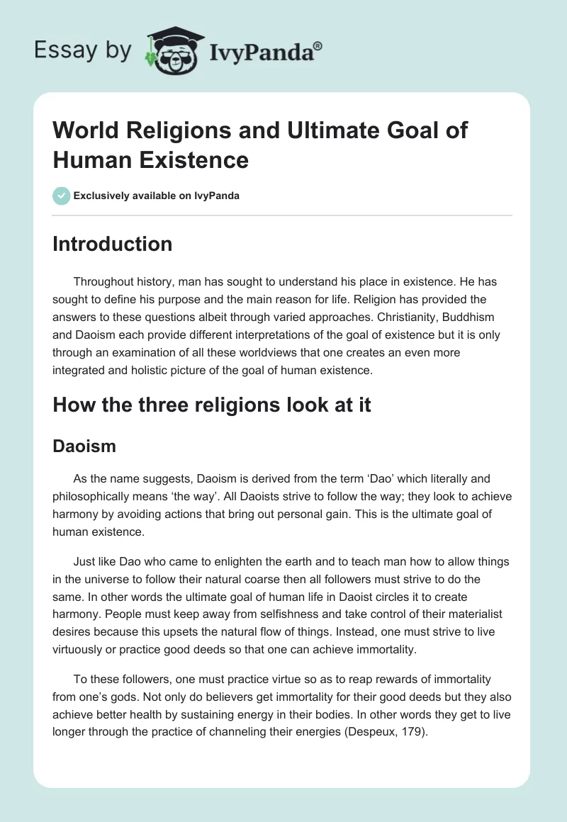 World Religions and Ultimate Goal of Human Existence. Page 1