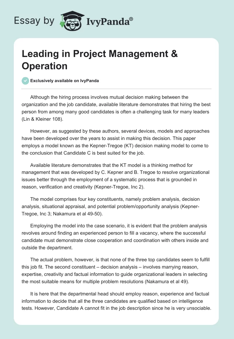 Leading in Project Management & Operation. Page 1