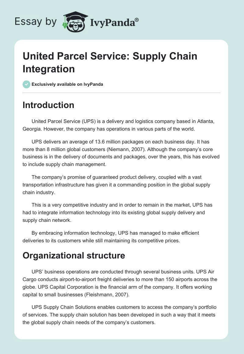 United Parcel Service: Supply Chain Integration. Page 1