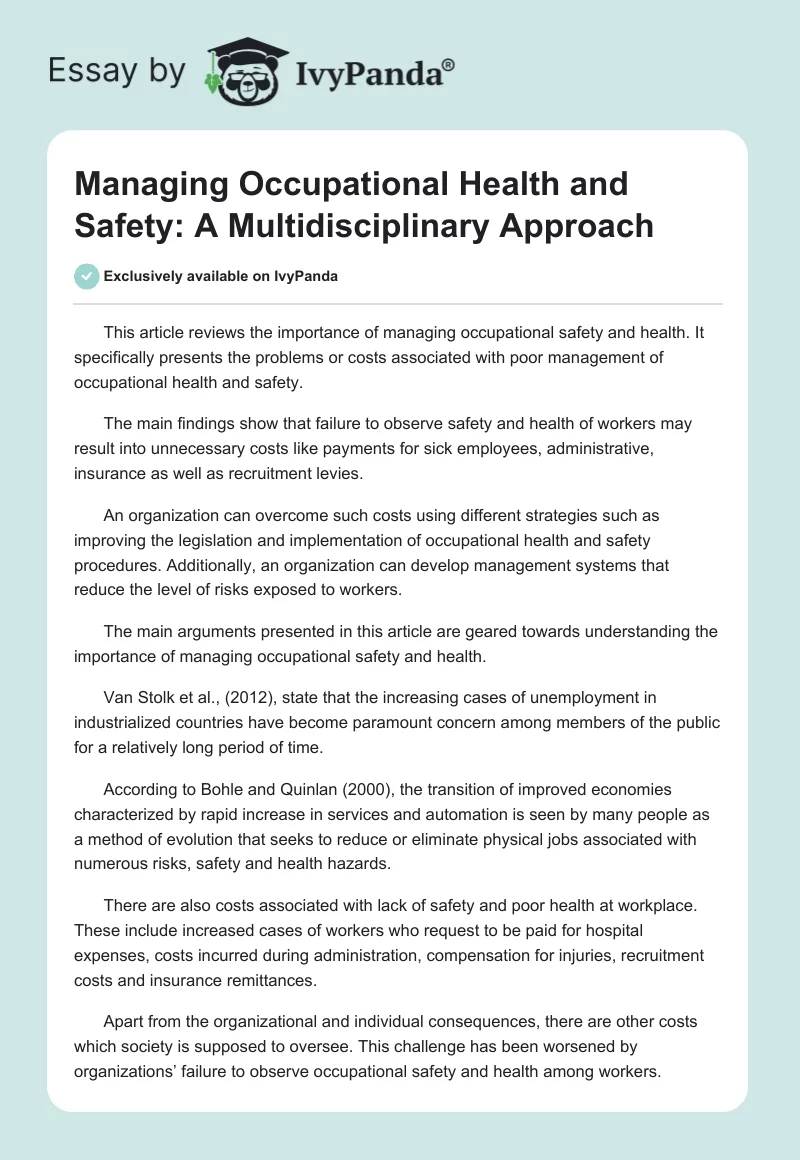 Managing Occupational Health and Safety: A Multidisciplinary Approach. Page 1