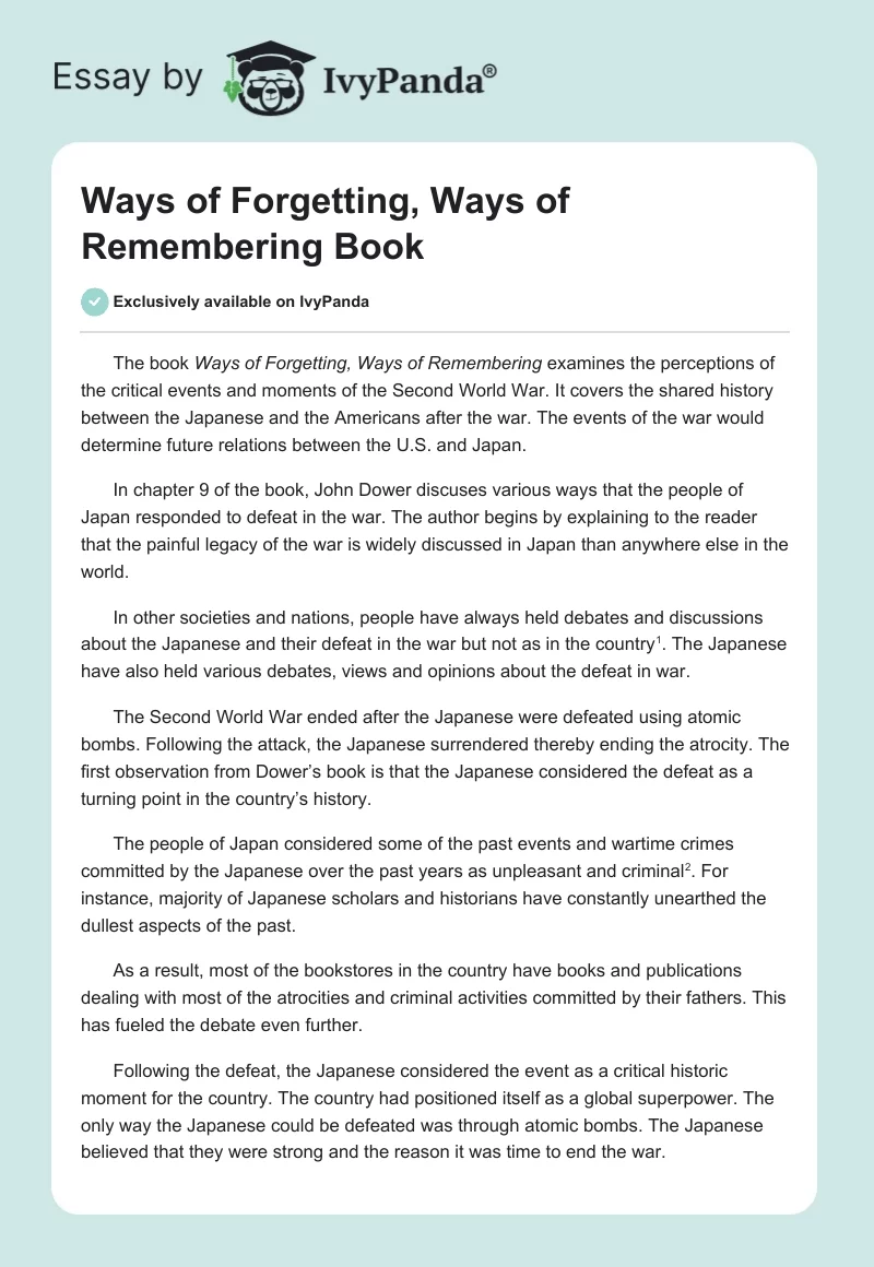 "Ways of Forgetting, Ways of Remembering" Book. Page 1