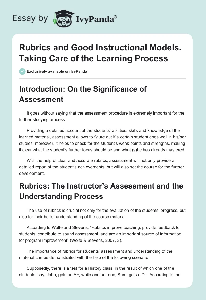 Rubrics and Good Instructional Models. Taking Care of the Learning Process. Page 1