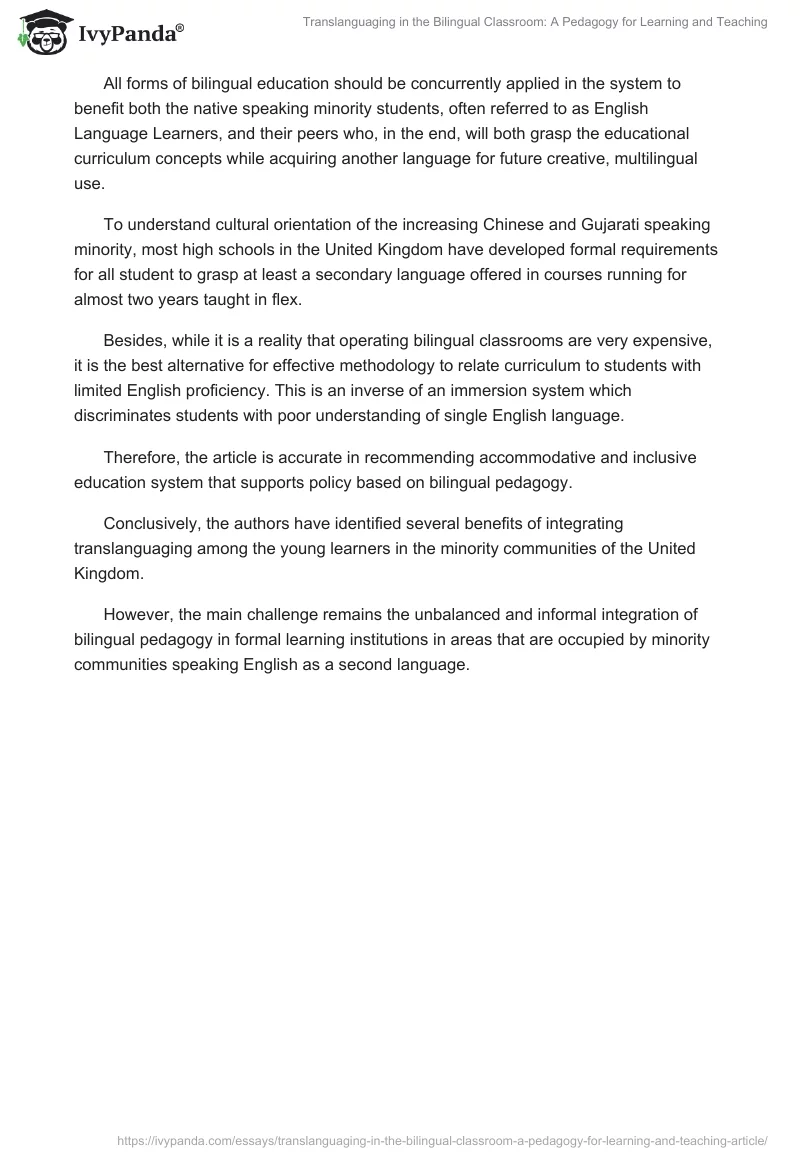 "Translanguaging in the Bilingual Classroom: A Pedagogy for Learning and Teaching". Page 3