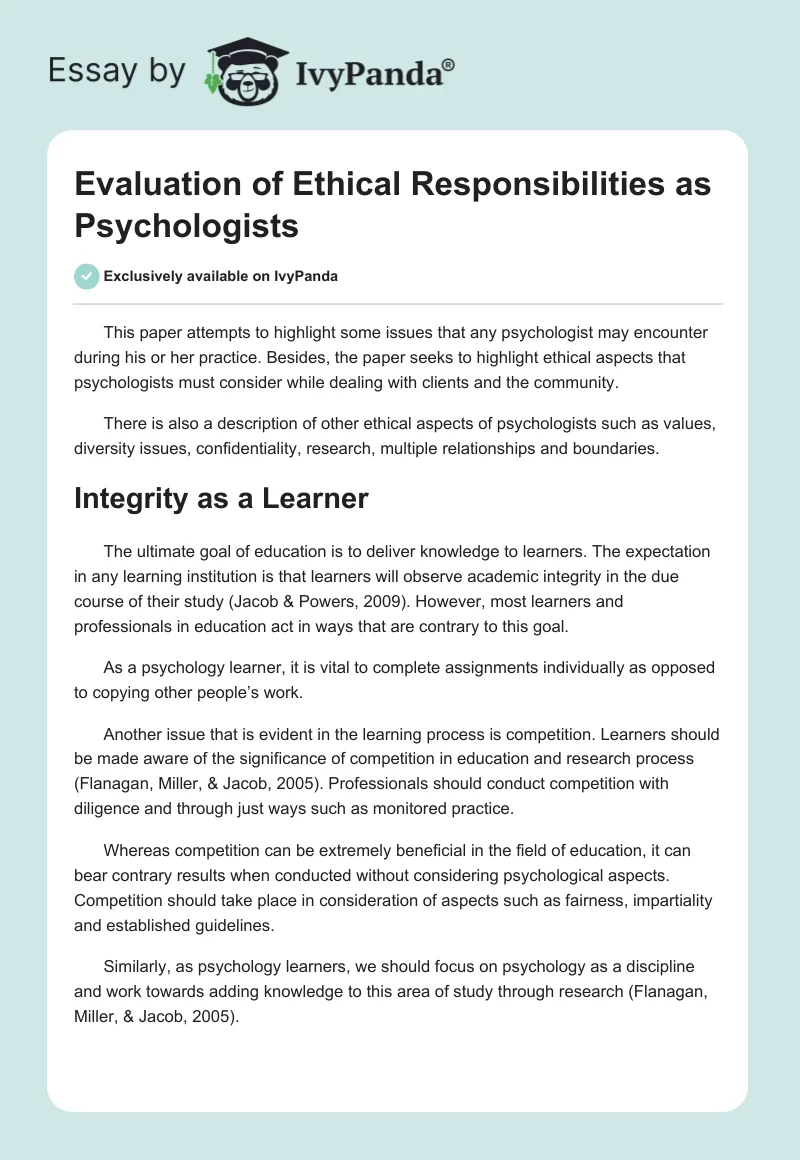 Evaluation of Ethical Responsibilities as Psychologists. Page 1