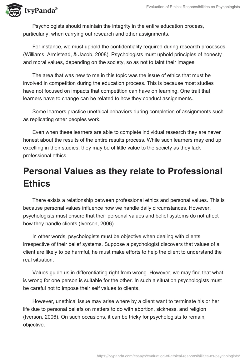 Evaluation of Ethical Responsibilities as Psychologists. Page 2