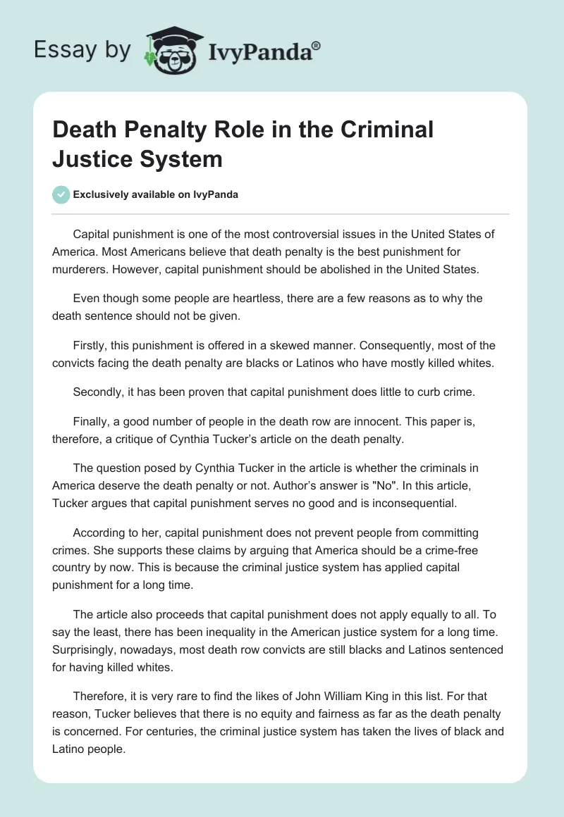 Death Penalty Role in the Criminal Justice System. Page 1