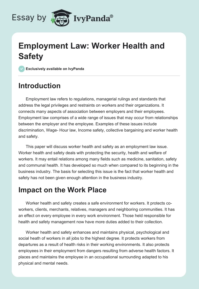 Employment Law: Worker Health and Safety. Page 1
