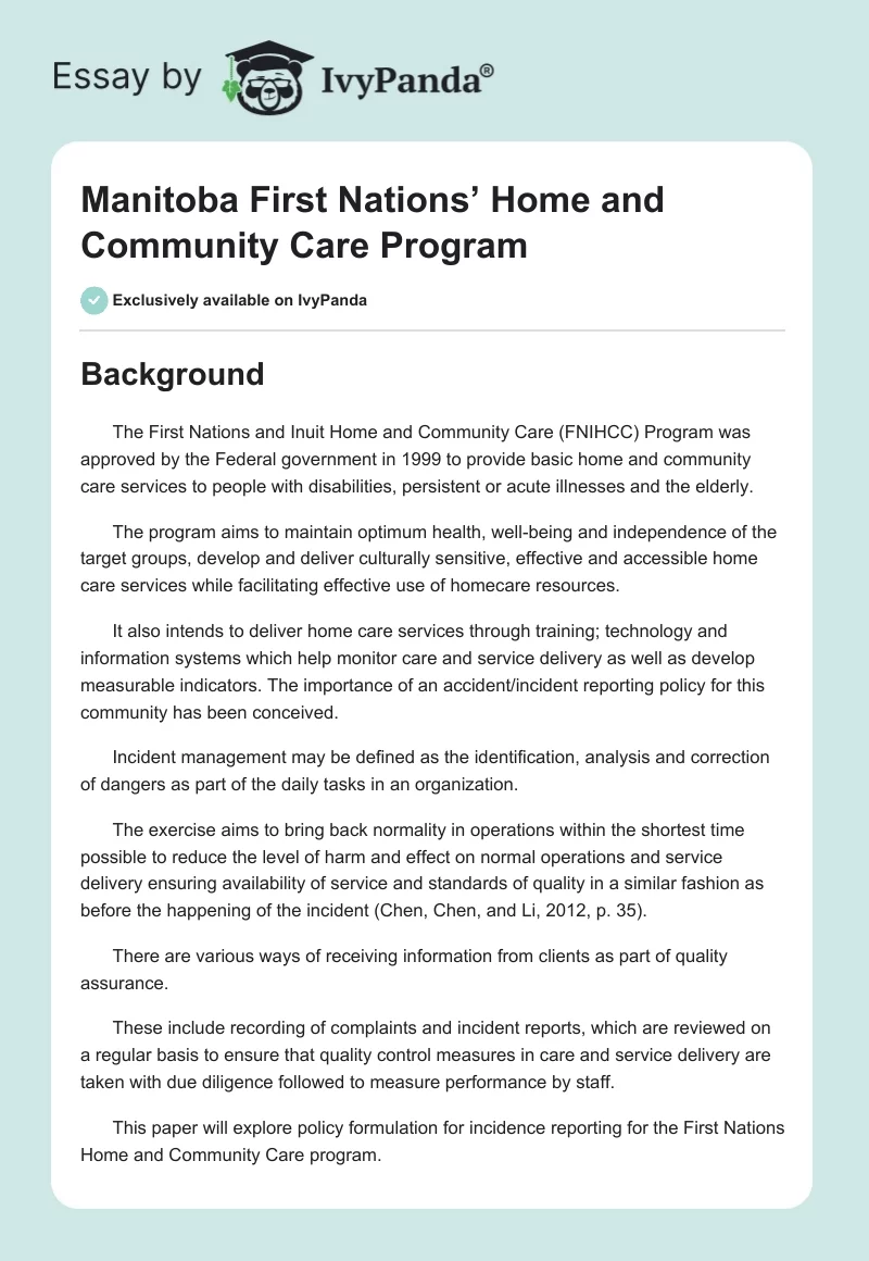 Manitoba "First Nations’ Home and Community" Care Program. Page 1