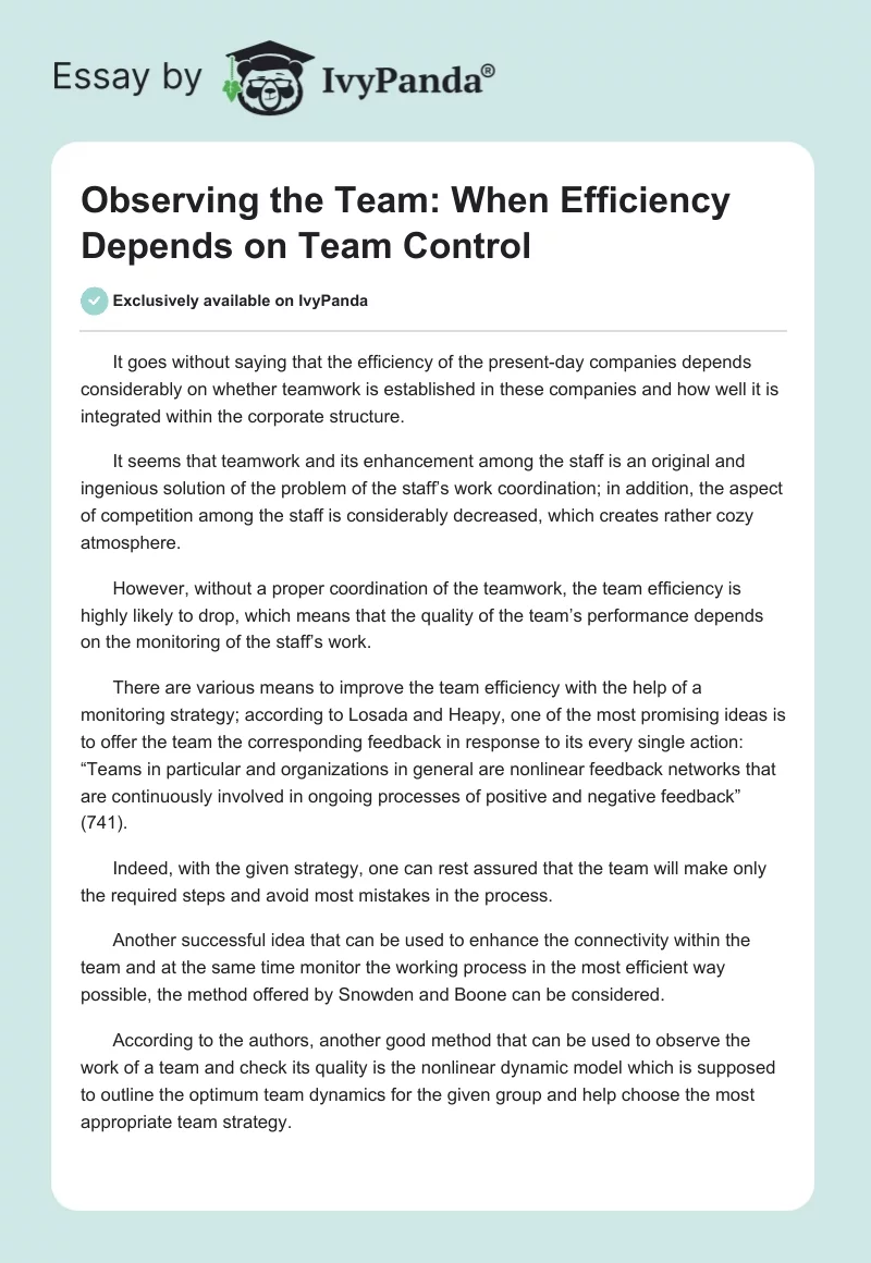 Observing the Team: When Efficiency Depends on Team Control. Page 1