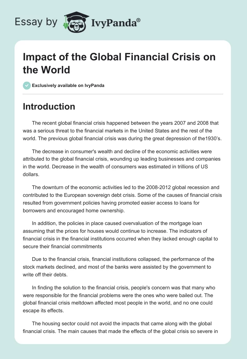 Impact of the Global Financial Crisis on the World. Page 1