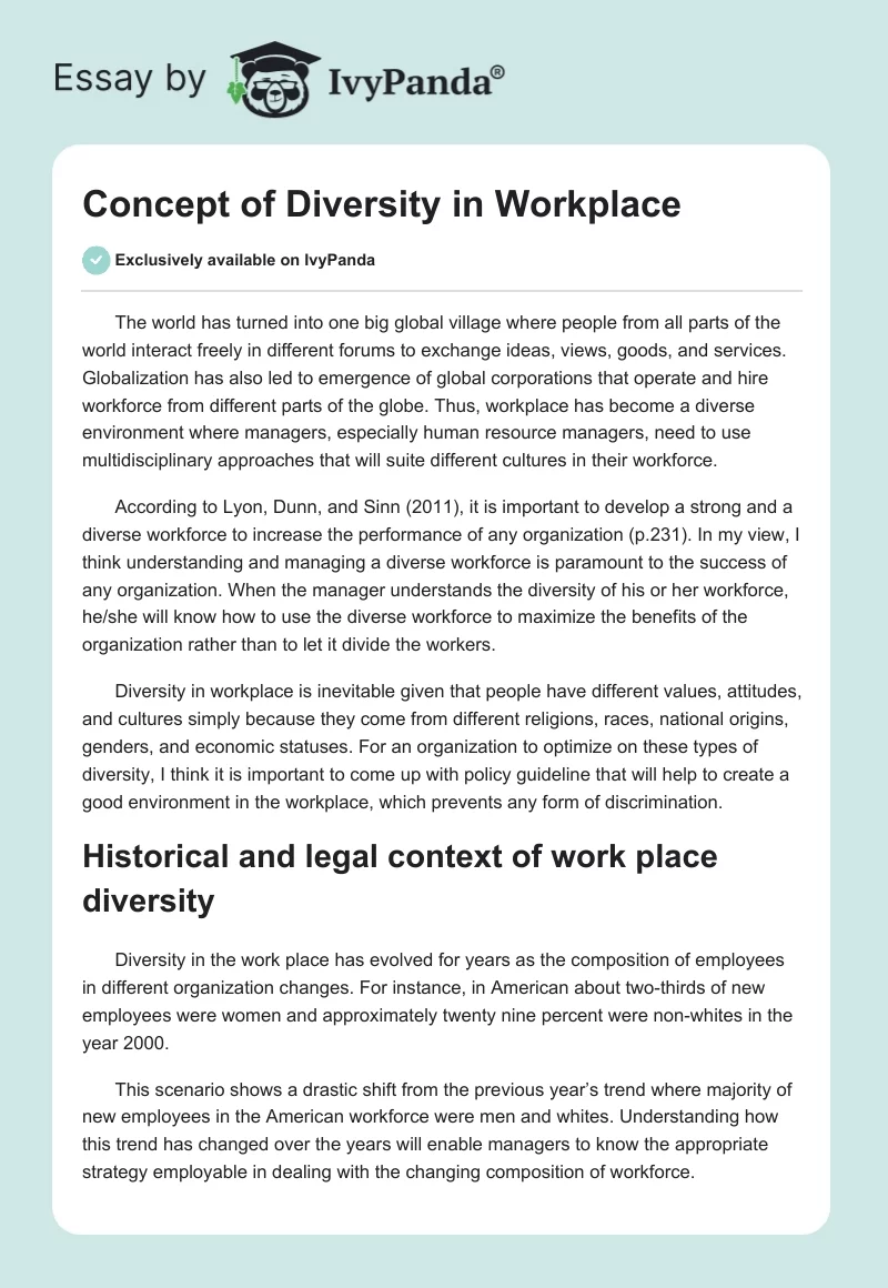 Concept of Diversity in Workplace. Page 1