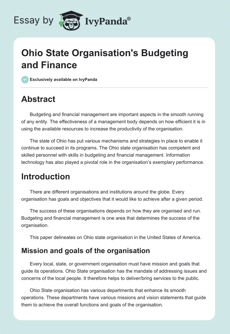 Ohio State Organisation's Budgeting and Finance. Page 1