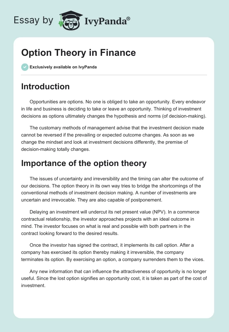 Option Theory in Finance. Page 1