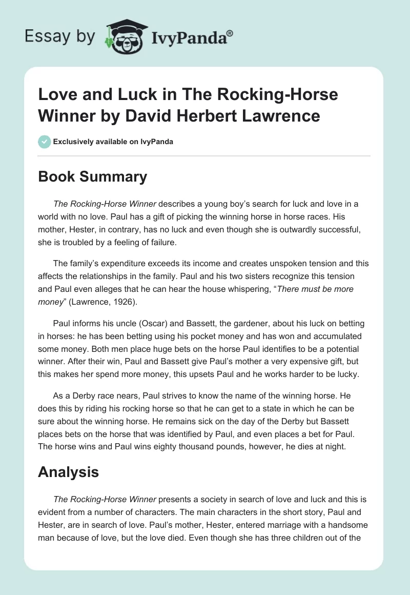 Love and Luck in "The Rocking-Horse Winner" by David Herbert Lawrence. Page 1
