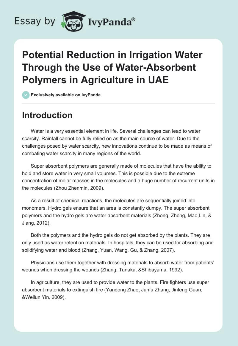 Potential Reduction in Irrigation Water Through the Use of Water-Absorbent Polymers in Agriculture in UAE. Page 1