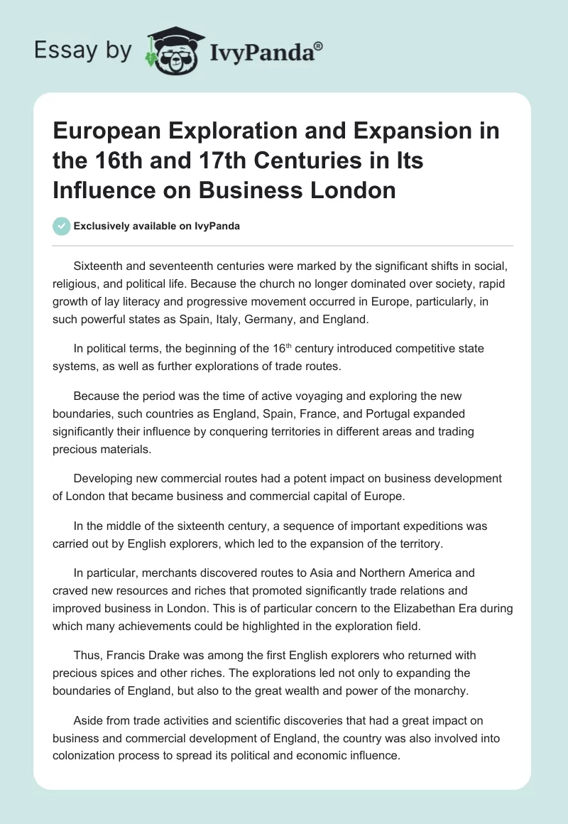 European Exploration and Expansion in the 16th and 17th Centuries in Its Influence on Business London. Page 1
