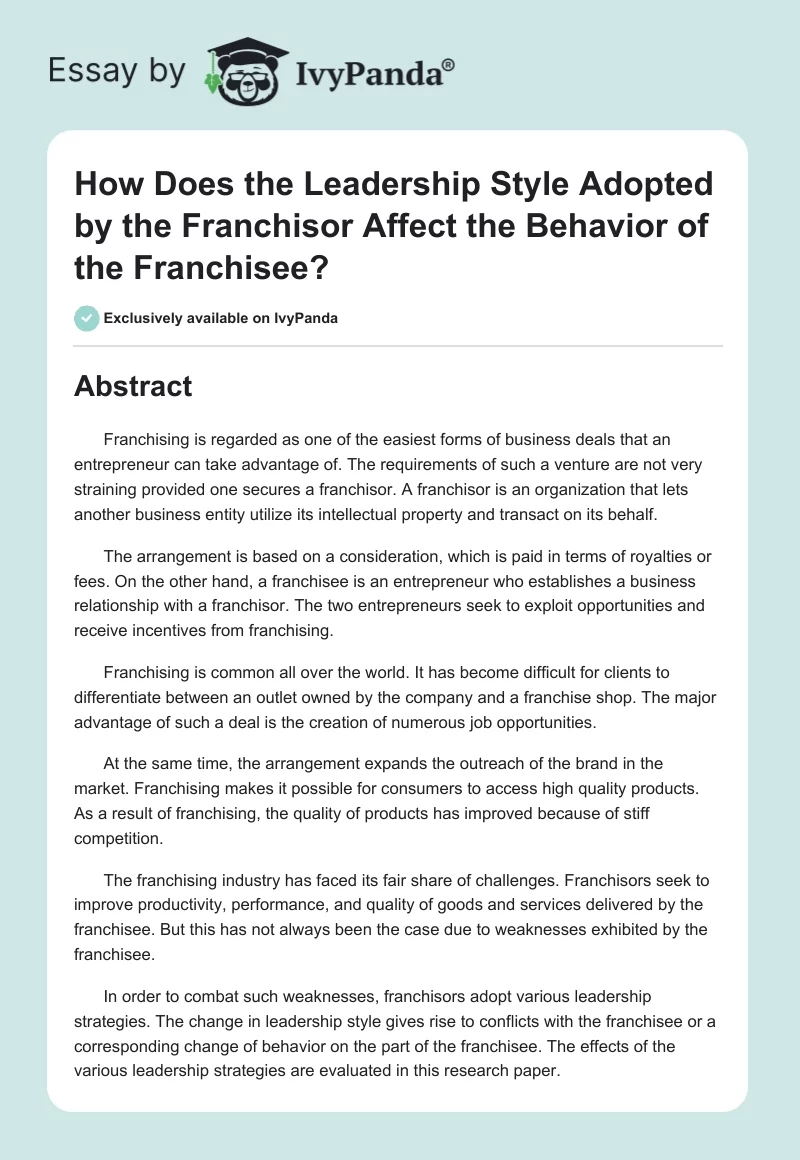 How Does the Leadership Style Adopted by the Franchisor Affect the Behavior of the Franchisee?. Page 1