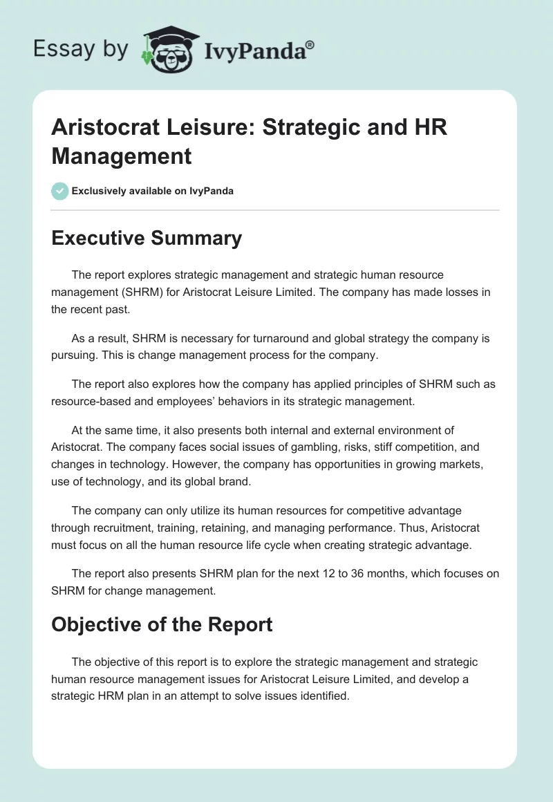 Aristocrat Leisure: Strategic and HR Management - 3914 Words | Report ...