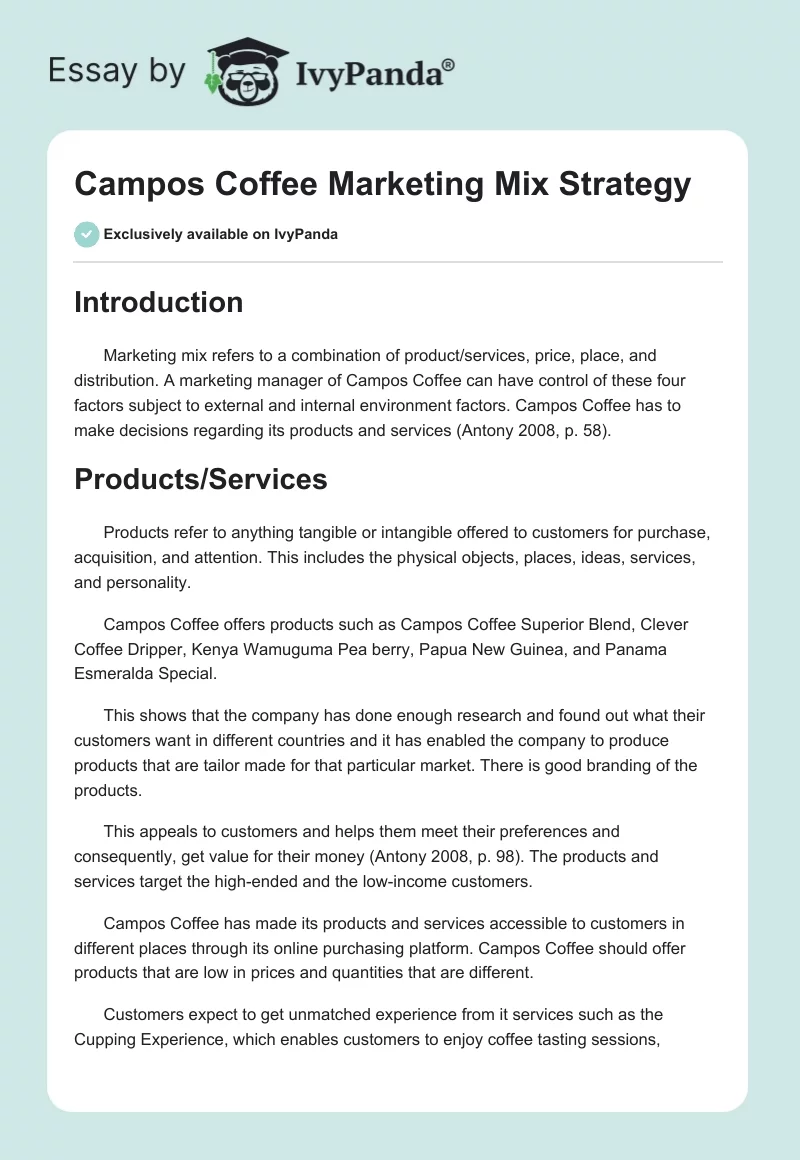Campos Coffee Marketing Mix Strategy. Page 1