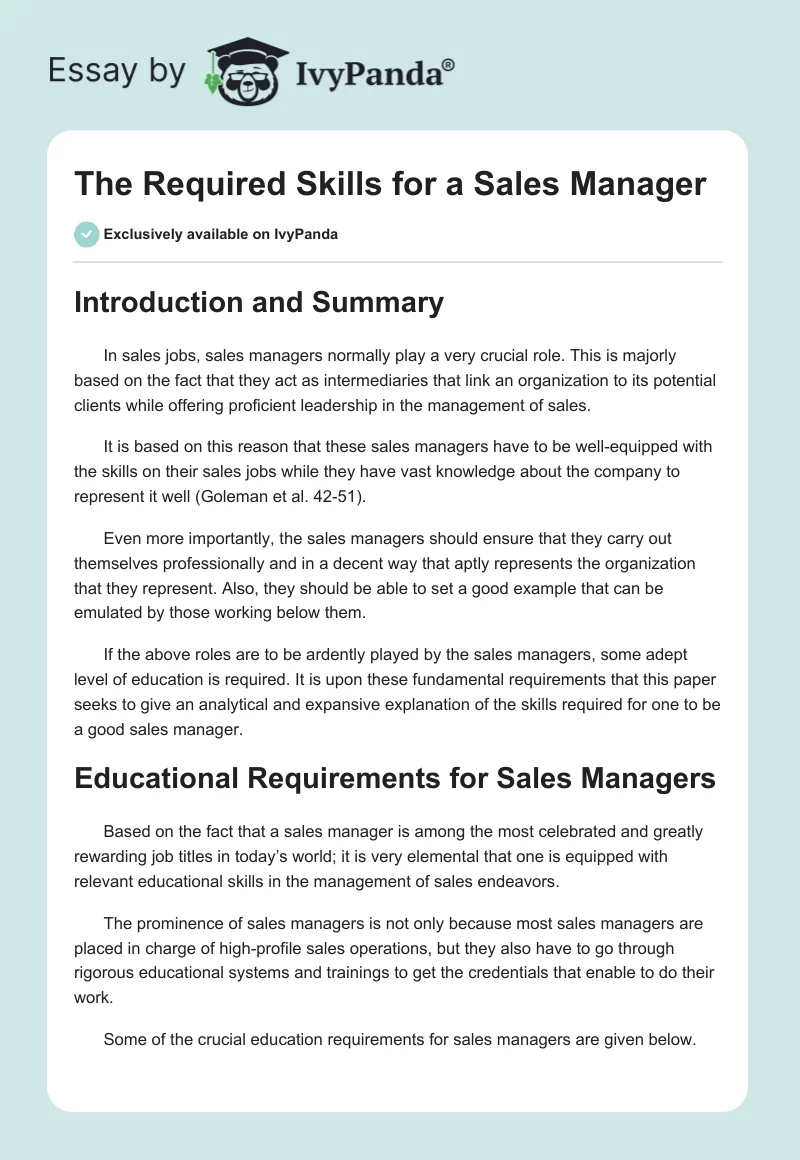 The Required Skills for a Sales Manager. Page 1