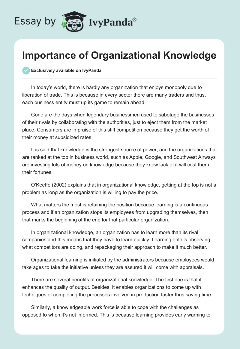 Importance of Organizational Knowledge. Page 1