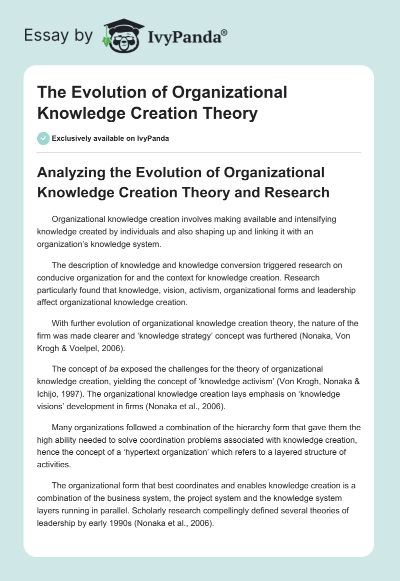 The Evolution of Organizational Knowledge Creation Theory. Page 1