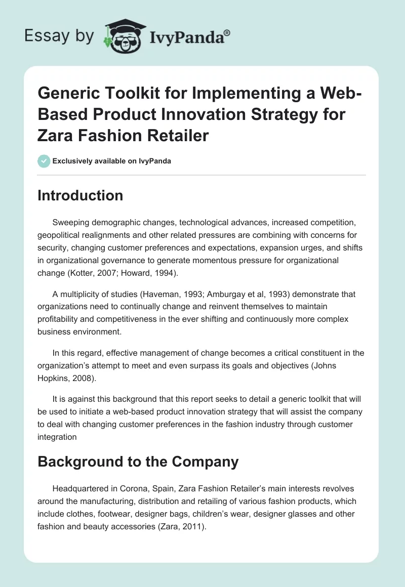 Generic Toolkit for Implementing a Web-Based Product Innovation Strategy for Zara Fashion Retailer. Page 1