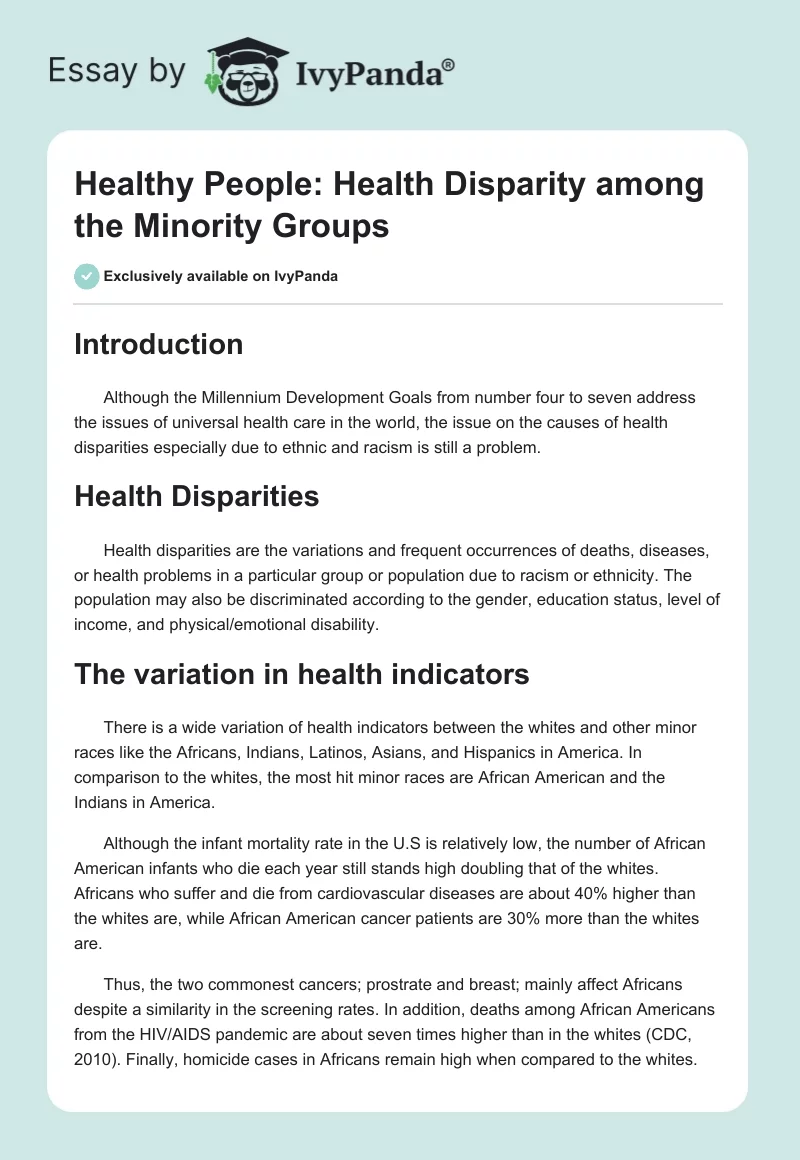 Healthy People: Health Disparity among the Minority Groups. Page 1