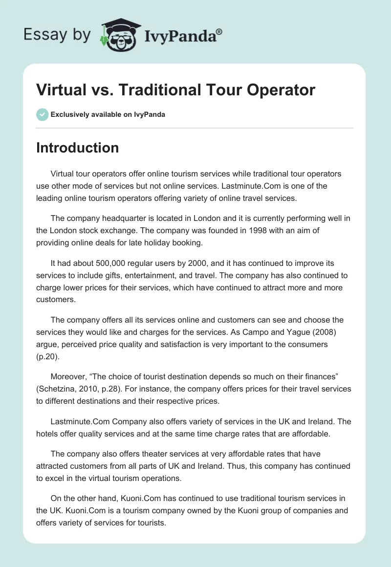 Virtual vs. Traditional Tour Operator. Page 1