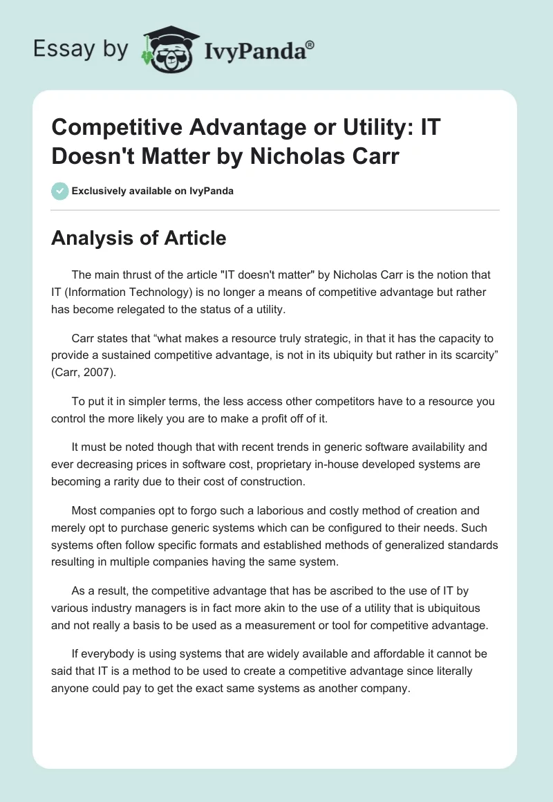 Competitive Advantage or Utility: "IT Doesn't Matter" by Nicholas Carr. Page 1