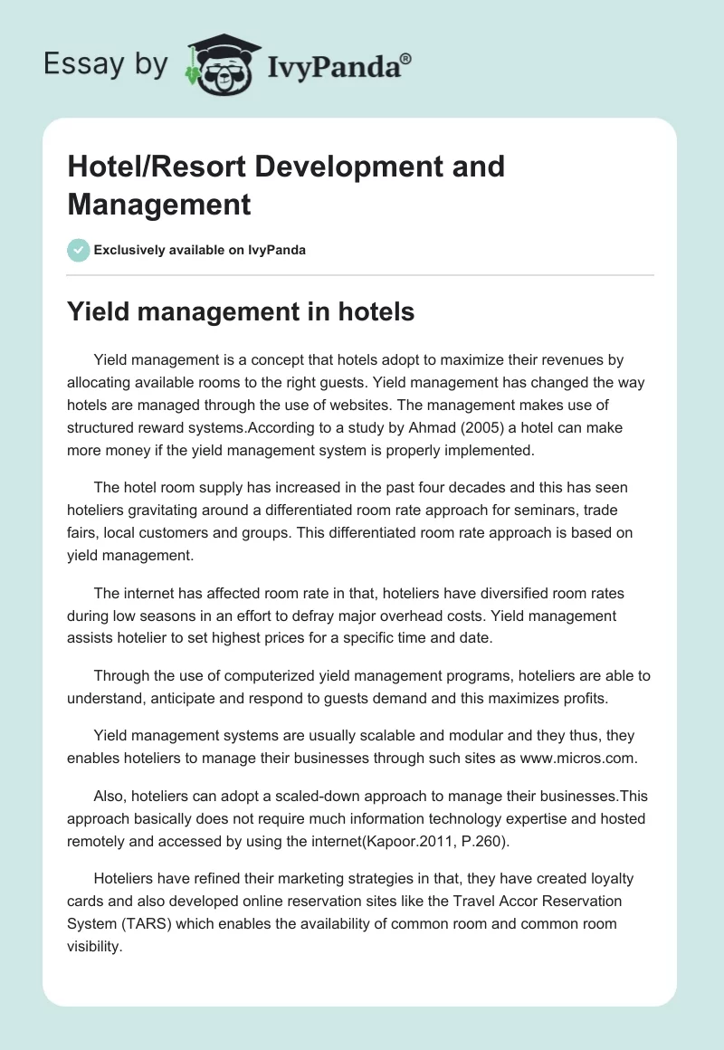 Hotel/Resort Development and Management. Page 1