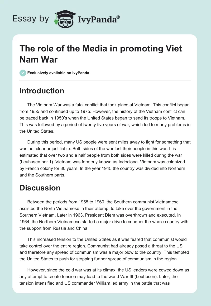 The Role of the Media in Promoting Vietnam War. Page 1