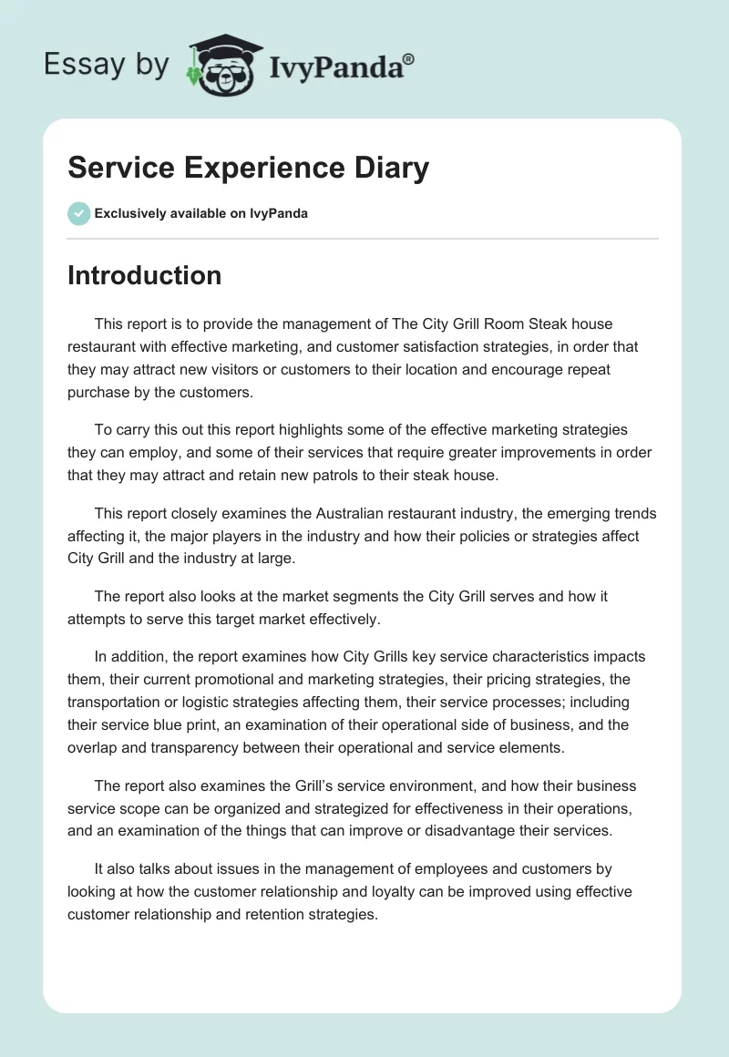 Service Experience Diary. Page 1