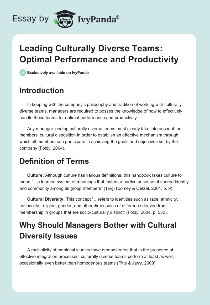 Leading Culturally Diverse Teams: Optimal Performance and Productivity. Page 1