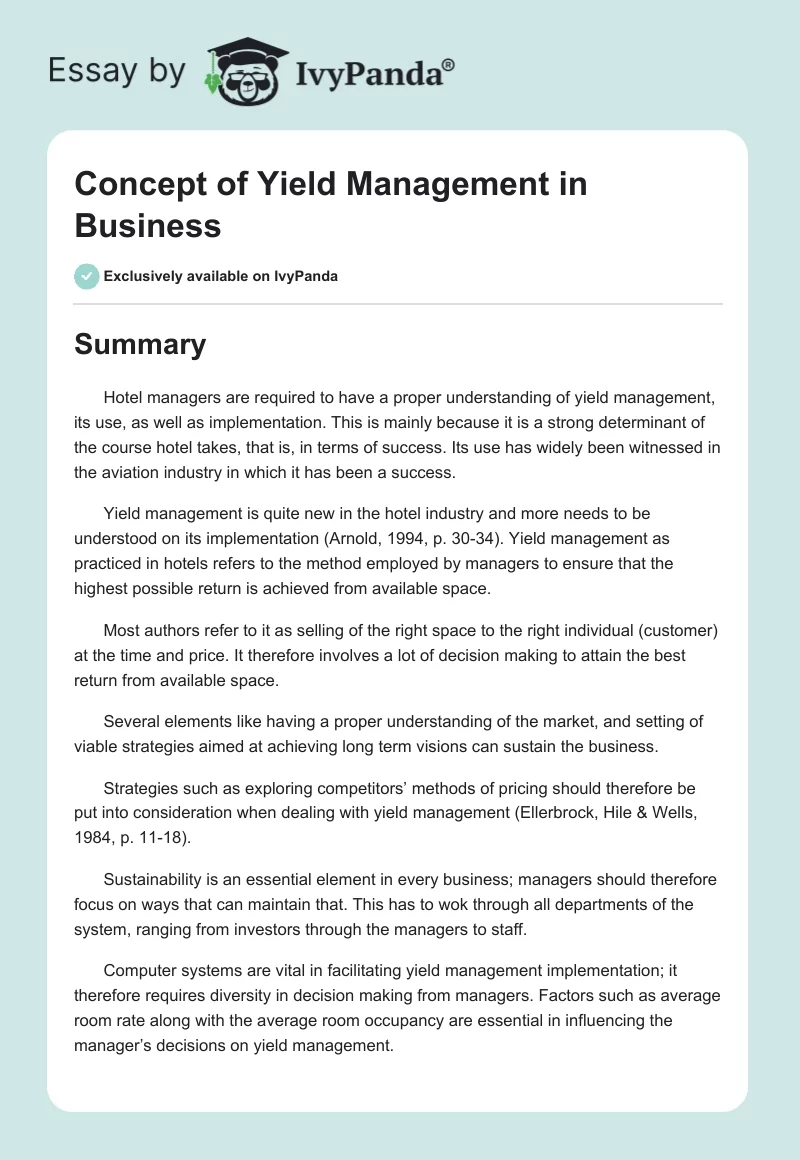 Concept of Yield Management in Business. Page 1