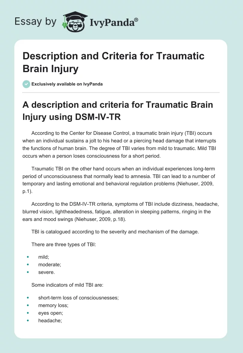 Description and Criteria for Traumatic Brain Injury. Page 1