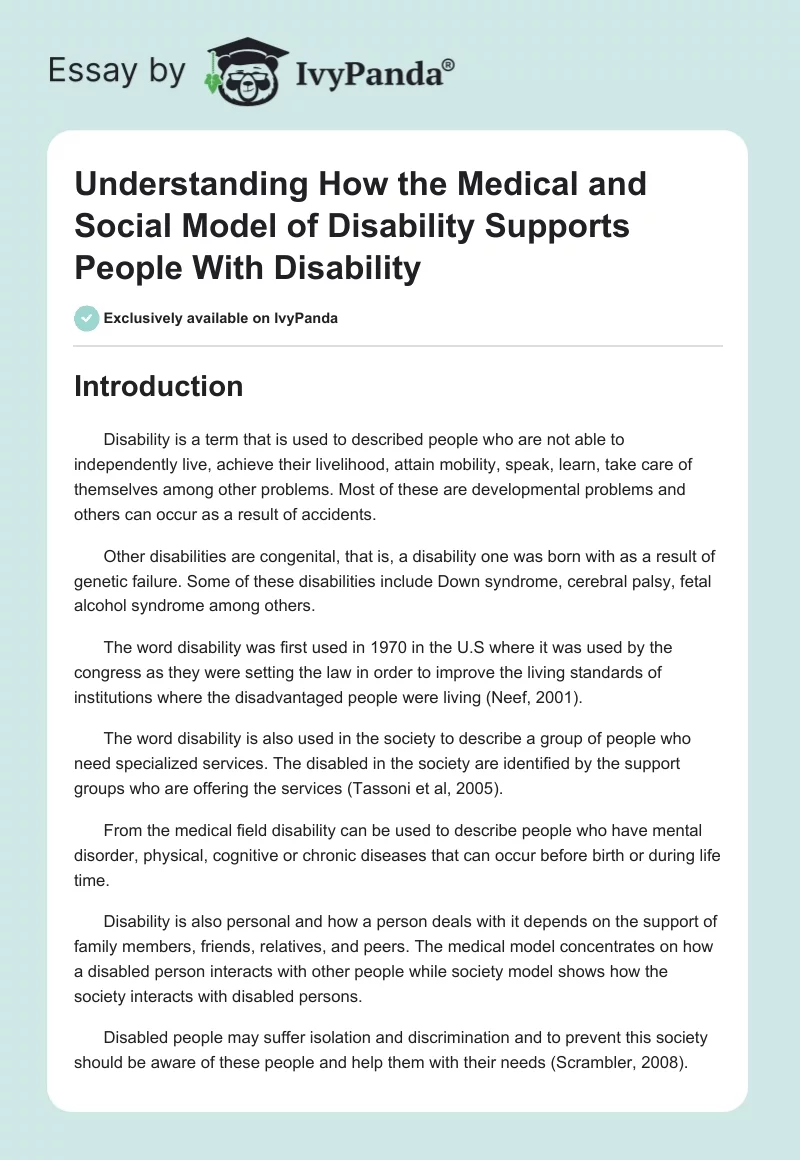 Understanding How the Medical and Social Model of Disability Supports People With Disability. Page 1