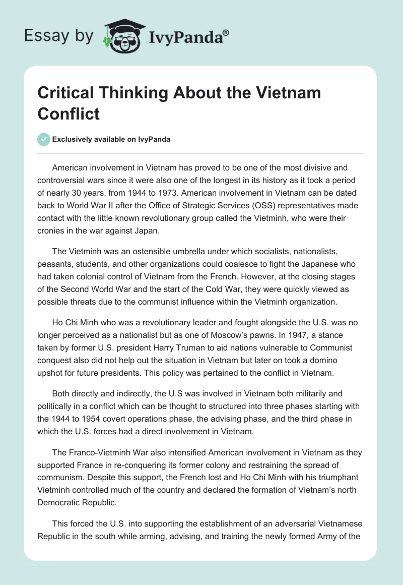 Critical Thinking About the Vietnam Conflict. Page 1