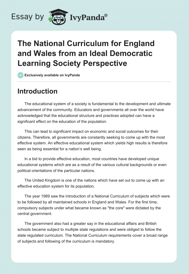 The National Curriculum for England and Wales From an Ideal Democratic Learning Society Perspective. Page 1