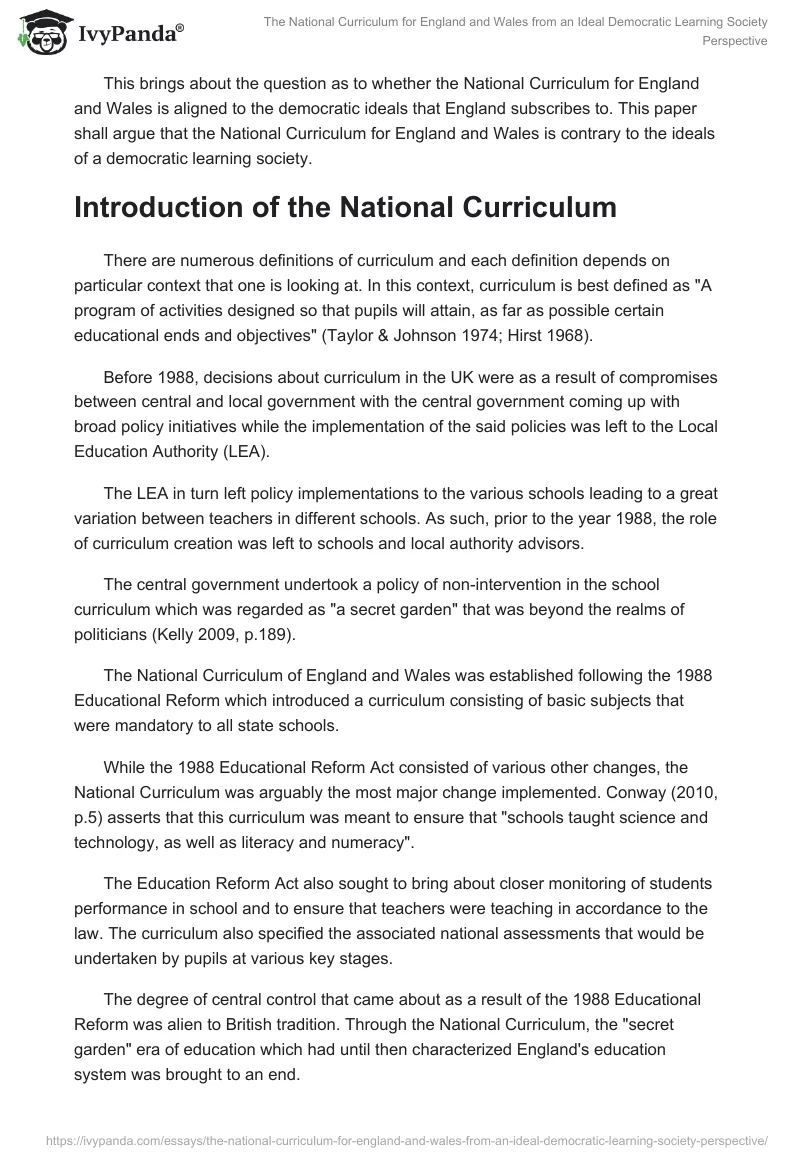 The National Curriculum for England and Wales From an Ideal Democratic Learning Society Perspective. Page 2