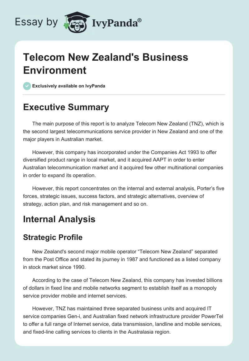 Telecom New Zealand's Business Environment. Page 1