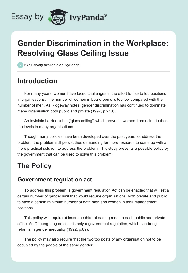 Gender Discrimination in the Workplace: Resolving Glass Ceiling Issue. Page 1