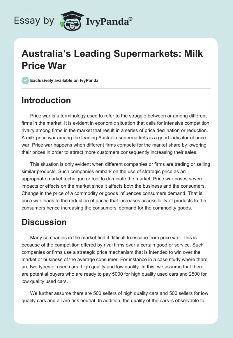 Australia’s Leading Supermarkets: Milk Price War. Page 1