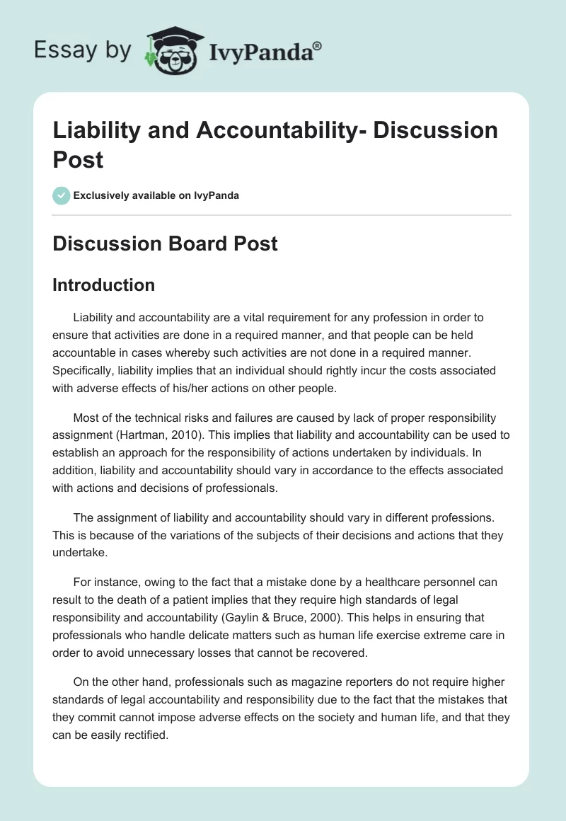 Liability and Accountability – Discussion Post. Page 1