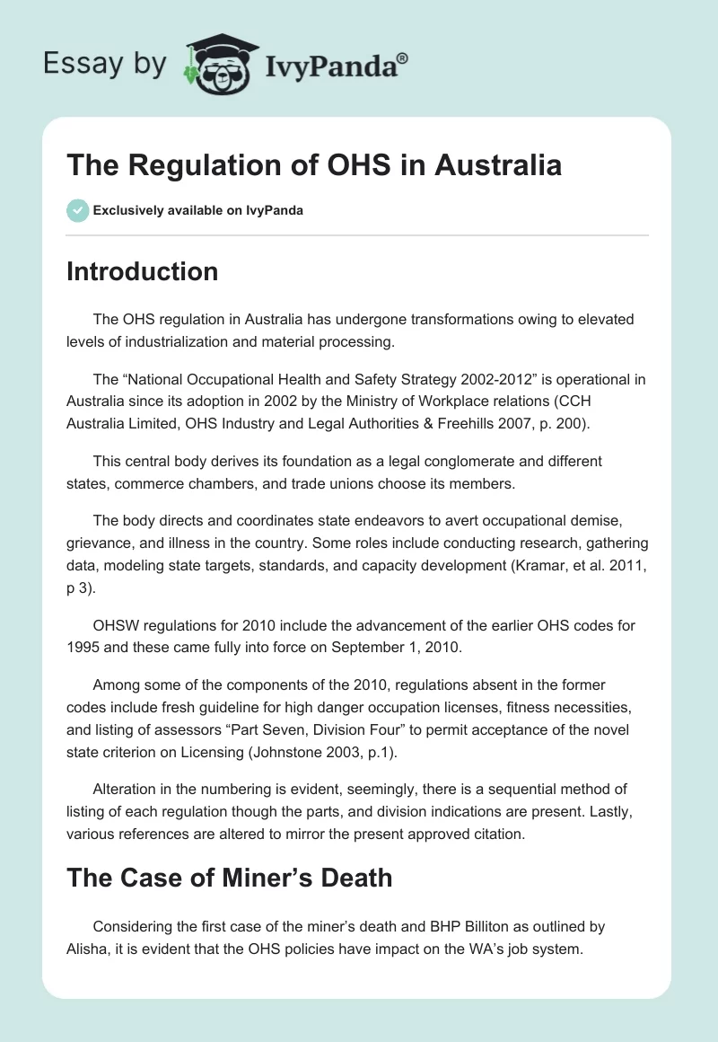 The Regulation of OHS in Australia. Page 1